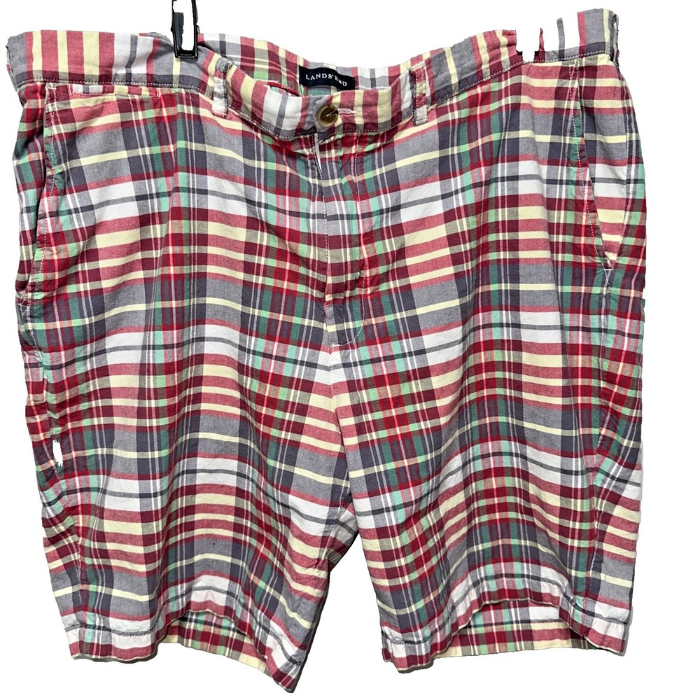 Lands End Shorts Mens 42 Madras Plaid Cotton Classic Preppy Coastal Summer